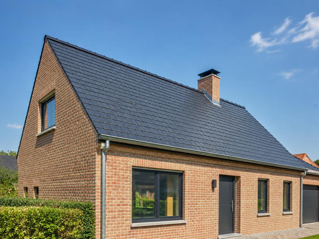 Gerenovelleerd hellend dak met antraciet leien op een bakstenen woning