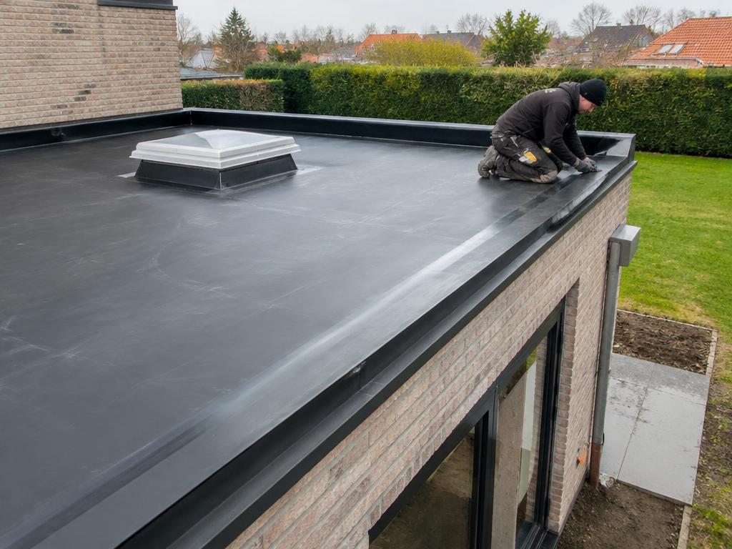Nieuw plat dak met zwarte EPDM dakbedekking